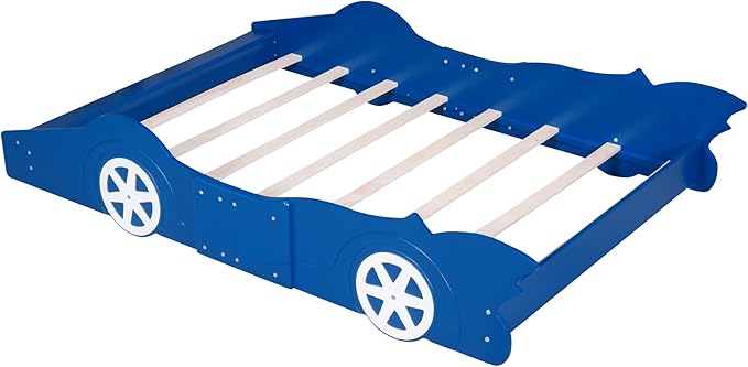 Car Shaped Toddler Bed with Wheels,Racecar Platform Beds W/Safety Guardrail,Slats Support,Stylish Design,Easy Assembly,Wood Full Bedframe for Boys Toddlers Kids Teens Bedroom,Blue - LeafyLoom