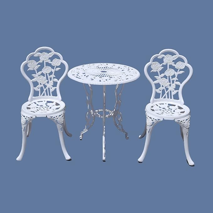 KAILI Outdoor Furniture Bistro Set with Rose Pattern 1 Table 2 Chairs for Garden Patio Porch (Rose-White) - LeafyLoom