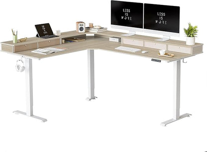 FEZIBO Triple Motor 75" L Shaped Standing Desk with 5 Drawers, Reversible Electric Standing Gaming Desk Adjustable Height, Corner Stand up Desk with Splice Board, White Frame/Light Walnut Top - LeafyLoom