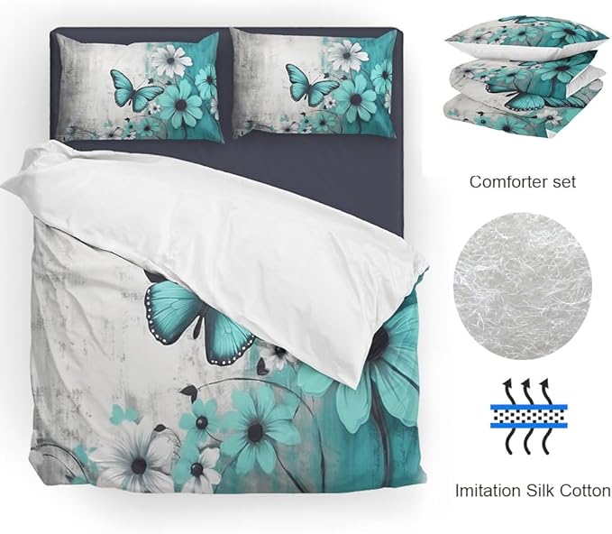 Butterfly Flowers Comforter Sets Full Size, Vintage Floral Butterfly Kids Bedding Sets for girls Teens 3 Piece Bedroom Decor - LeafyLoom