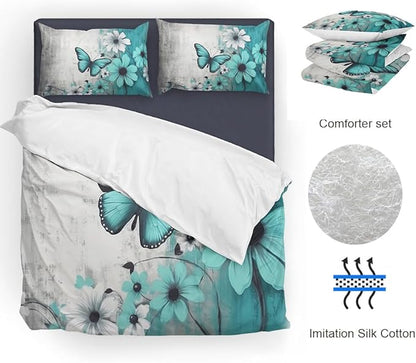 Butterfly Flowers Comforter Sets Full Size, Vintage Floral Butterfly Kids Bedding Sets for girls Teens 3 Piece Bedroom Decor - LeafyLoom