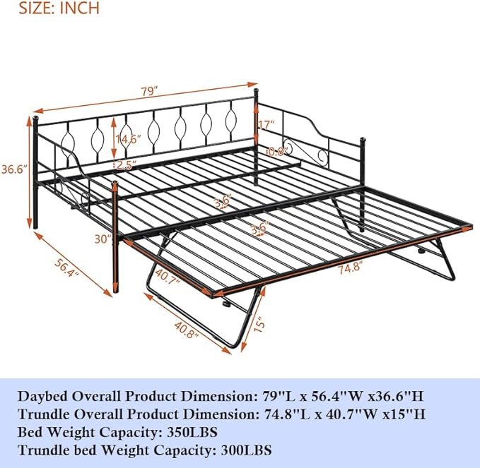 Full Daybed with Trundle, Metal Day Bed with Pull Out Trundle, Sofa Bed with Twin Size Portable Folding Trundle, Bed Frame for Bedroom, Living Room, Guest Room, Home, No Box Spring Needed, Black - LeafyLoom