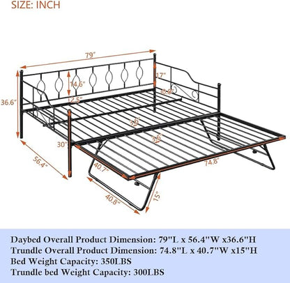 Full Daybed with Trundle, Metal Day Bed with Pull Out Trundle, Sofa Bed with Twin Size Portable Folding Trundle, Bed Frame for Bedroom, Living Room, Guest Room, Home, No Box Spring Needed, Black - LeafyLoom