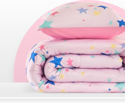 SLEEP ZONE Jersey Knit Pink Comforter Set Twin Size, Breathable & Soft Kids Bedding Set 2-Piece with Comforter, Pillowcase (Colorful Stars, Twin) - LeafyLoom