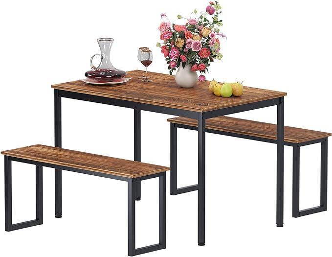 sogesfurniture Dining Table with Two Benches / 3 Piece Set Wood Table Top Sturdy Metal Frame Construction, Dining Table Set for Small Spaces Home Furniture Rectangular Modern - LeafyLoom