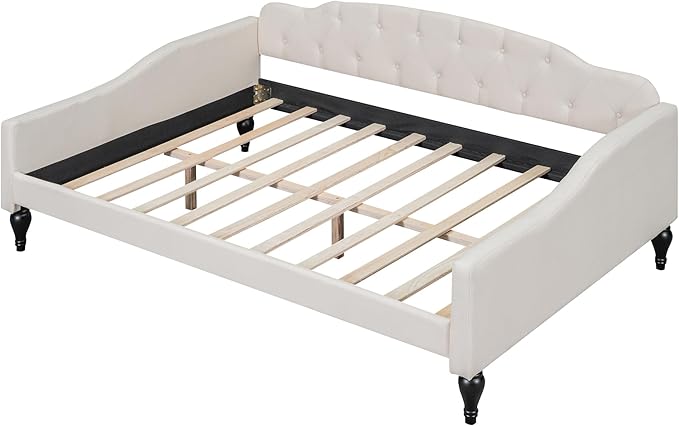 Full Size Upholstered Daybed,Linen Sofa Bed with Button Tufted Back & Nailhead Decorated Waved Shape Arms,Slat Support,No Spring Box Need,Bedframe for Bedroom Livingroom Small Space,Beige - LeafyLoom