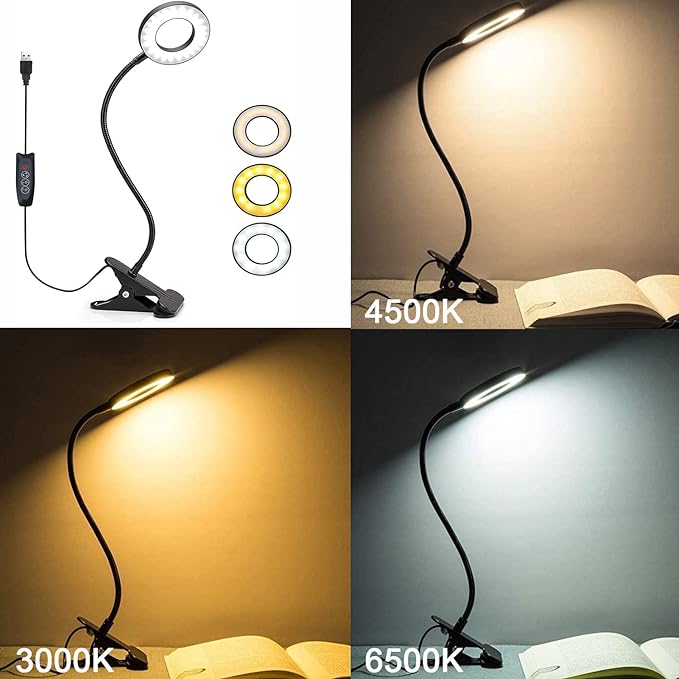 Foneso Desk Lamp Clip on Light, 48 LED USB Lamp with 3 Color Modes 10 Brightness Levels, 360° Flexible Gooseneck Eye Protection Bed Night Light for Reading, Makeup, Fill Light (Black) - LeafyLoom