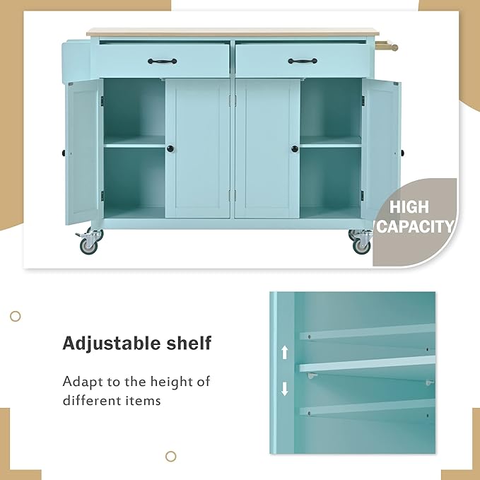 Solid Wood Top, Mobile Carts with Storage Cabinet, Rolling Kitchen Table w/Spice, Towel Rack, and Drawer, Portable Islands on Wheels, Mint Green, 54.33 Inch - LeafyLoom