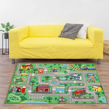 Kids Play Rug for Playroom 5.2x3.3 ft Town City Road Map Car Mat Play Mat Educational Learning Carpet Area Rug for Boy Girl Toddler Bedroom Playroom - LeafyLoom