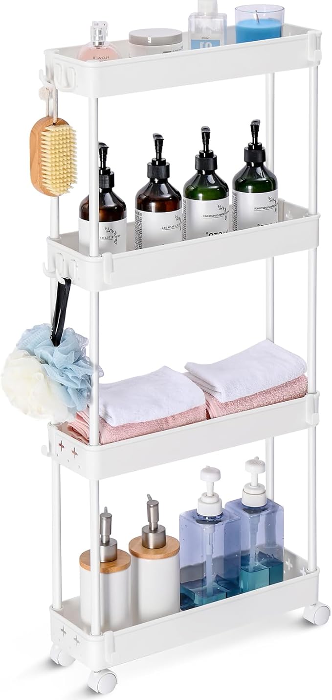 TOOLF Slim Rolling Storage Cart, 4 Tier Bathroom Organizer, Skinny Rolling Utility Cart on Wheels with Hooks, Mobile Shelving Unit Organizer for Kitchen, Bathroom, Laundry, Narrow Places, White - LeafyLoom