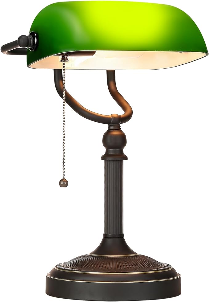 Newrays Antique Green Glass Bankers Desk Lamp with Pull Chain Switch Plug in Fixture - LeafyLoom