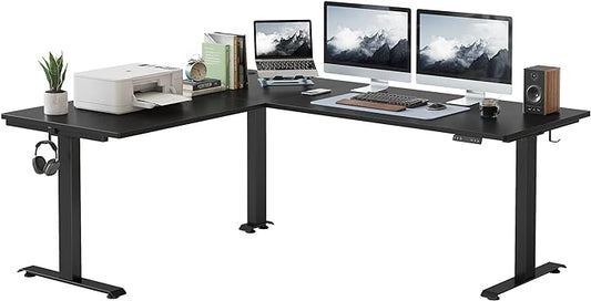 FEZIBO 75 Inches, Supports over 300mlbs, L Shaped Standing Desk Reversible, Electric Height Adjustable Corner Stand up Desk, Sit Stand Desk Computer Workstation, Black Frame/Black Top - LeafyLoom