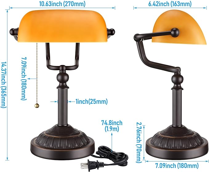 TORCHSTAR Bankers Desk Lamp with Pull Chain Switch, Amber Glass Shade Desk Lamps, Bronze Base, UL Listed, E26 Base, Vintage Library Lamp for Office, Study Room(Matted Orange) - LeafyLoom