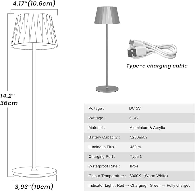 Modern LED Cordless Waterproof Table Lamp,5200mAh Touch Dimmable Desk Lamp,Rechargeable Battery Powered Night Light for Indoor/Outdoor Dining (Silver, 3000K, Warm White) - LeafyLoom