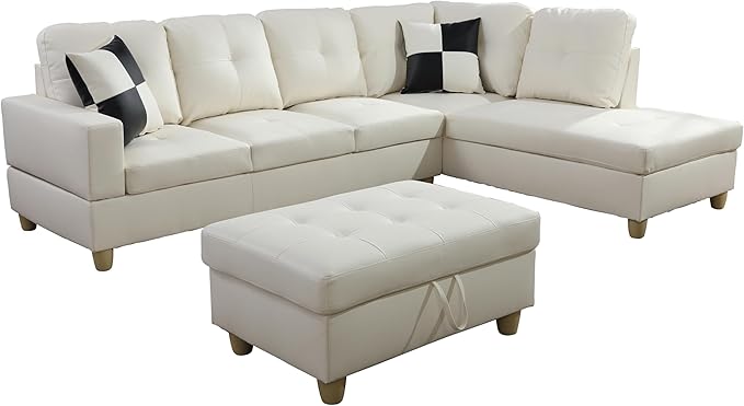 ROOMTEC Button L Shape 3 Piece Sectional Sofa Set, Upholstered Corner Couch with Storage Ottoman, Faux Leather Tufted Cushions, for Living Room, Apartment, 103inch, White w/Right Chaise Lounge - LeafyLoom