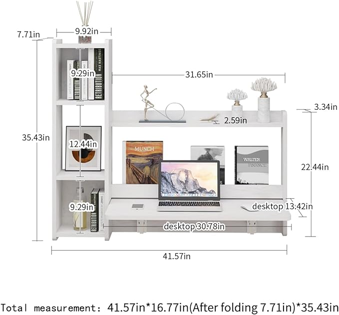 Pmnianhua Floating Desk,41'' Wall Mounted Desk Fold Down Laptop Desk Folding Space Saving Table Workstation with Storage Shelves for Bedroom Study Room Small Space (Off White-Left) - LeafyLoom