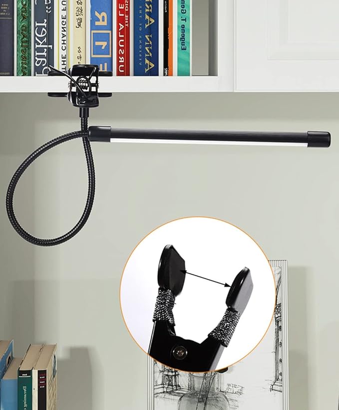 Meichoon Desk Lamp with Clamp Desktop Clip-On LED Illuminating Light Flexible Metal Hose Eye-Caring Table Lamp for Bedroom Bedside Office Study Work Reading Embroidery UK10 Black - LeafyLoom