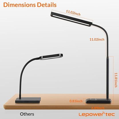 LED Desk Lamp, 12W Reading Desk Lamp for Office Home with 60 Lighting Modes, Touch Control & Timer Function, 750LM Bright Eye-Caring Gooseneck Desk Light Table Lamp for Study, Work, Black - LeafyLoom