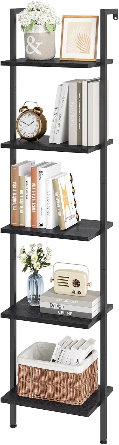 ELYKEN Ladder Shelf, 5-Tier Wood Wall Mounted Bookshelf with Metal Frame, Vintage Open Display Organizer Rack, Leaning Storage Shelves for Living Room, Bedroom, Home Office, Black - LeafyLoom