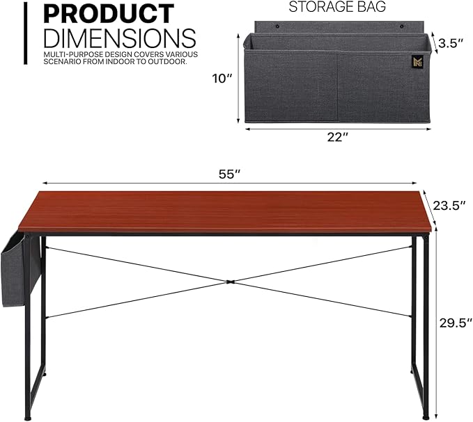 MoNiBloom Home Office Computer Desk with Storage Bag, 55" Writing Study Modern Simple Style Laptop Table, Teak Color - LeafyLoom