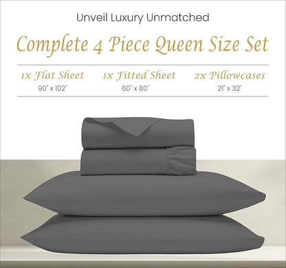 Queen Sheets Egyptian Cotton, 1000 Tc Egyptian Cotton Sheets Queen Size, Extra Deep 18" pocket Queen Sheets, 4 Pc Queen Bed Sheets Solid, Ultra Luxury Sheets Queen Size Deep Pocket, Dark Grey Sheets - LeafyLoom