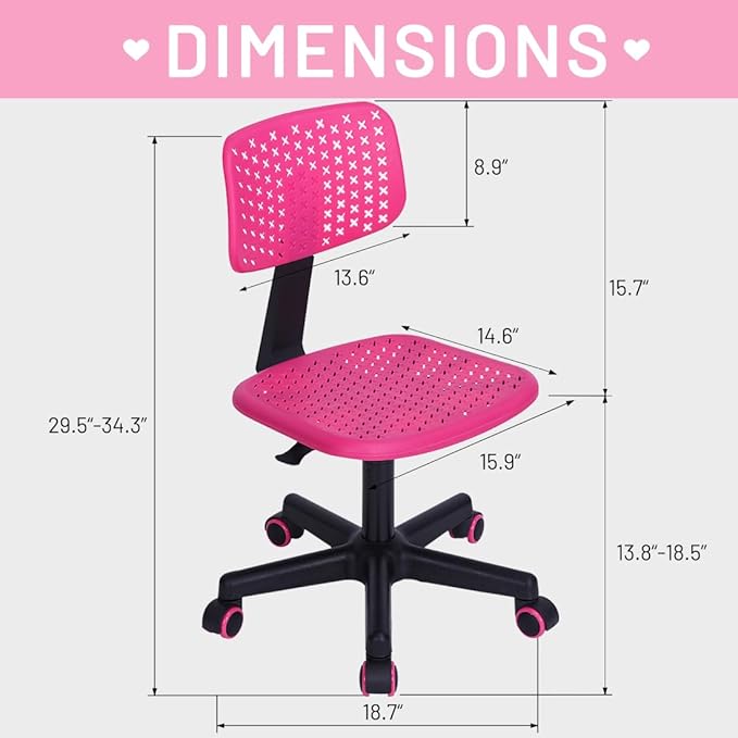 Desk Chair Armless Cute Office Chair, Low Back Rolling Home Office Task Chair Adjustable Swivel Study Chair for Girls Teens Adults Children Kids, Pink - LeafyLoom