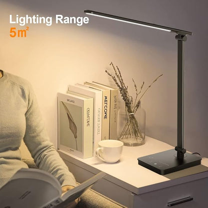 Desk Lamp Eye-Caring LED Table Lamp Dimmable Bedside Lamp with 2 USB Charging Ports and 10 Brightness Levels x 5 Colour Modes Touch Control Daylight Lamp for Office, Bedside, Reading- Auto Timer - LeafyLoom