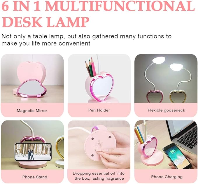 LED Desk Lamp, Cute Pink Desk Lamp with USB Charging Port/Pen Holder and Phone Stand, Touch Control Reading Lamp with 2 Color Modes,Eye-Caring Study Table Lamp for Kids Girls College Dorm Bedroom - LeafyLoom