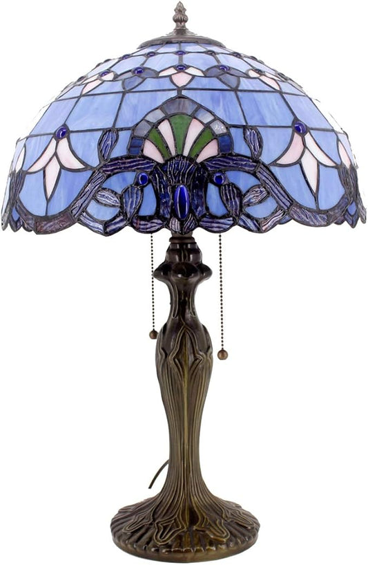 WERFACTORY Tiffany Lamp Blue Purple Stained Glass Baroque Table Lamp Lavender Style Bedside Desk Light Metal Base 16X16X24 Inches Decor Bedroom Living Room Home Office S003C Series (Blue Baraque) - LeafyLoom