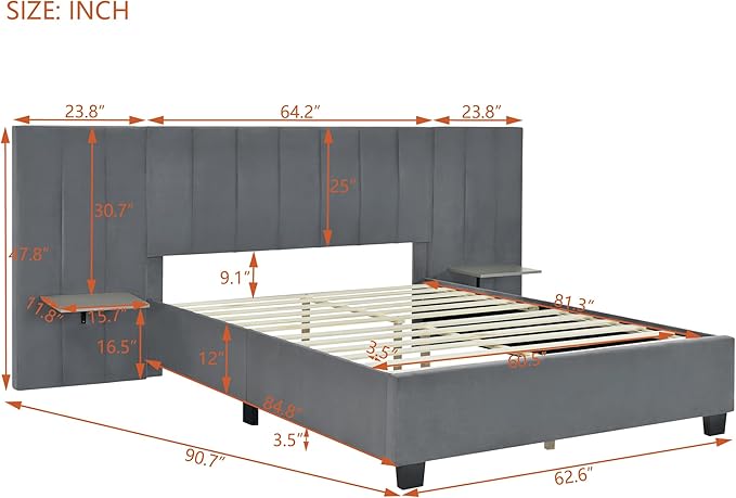 Queen Upholstered Platform Bed Frame with Extended Headboard and and Two Shelves, Velvet Bed, No Box Spring Needed, Gray - LeafyLoom