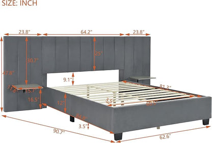 Queen Upholstered Platform Bed Frame with Extended Headboard and and Two Shelves, Velvet Bed, No Box Spring Needed, Gray - LeafyLoom