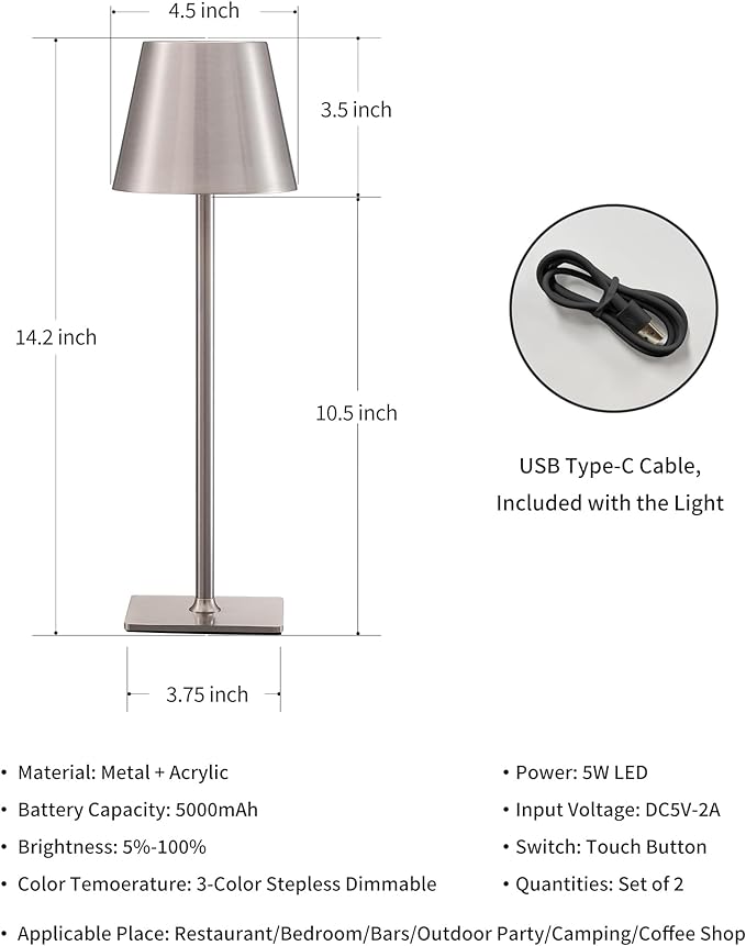 KDG 2 Pack Cordless Table Lamp,Portable LED Desk Lamp, 5000mAh Battery Operated, 3 Color Stepless Dimming Up, for Restaurant/Bedroom/Bars/Outdoor Party/Camping/Coffee Shop Night Light(Brushed Nickel) - LeafyLoom