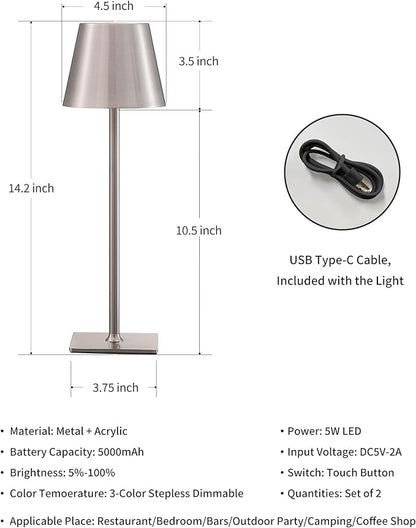 KDG 2 Pack Cordless Table Lamp,Portable LED Desk Lamp, 5000mAh Battery Operated, 3 Color Stepless Dimming Up, for Restaurant/Bedroom/Bars/Outdoor Party/Camping/Coffee Shop Night Light(Brushed Nickel) - LeafyLoom