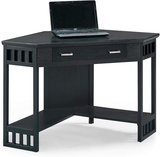 Leick Home 83430 Corner Computer/Writing Desk with Center Keyboard Drawer and Shelf, Black Oak - LeafyLoom