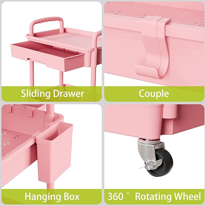 5 Tier Small Rolling Cart Organizer,Bathroom Cart Organizers with Wheels Laundry Room Organization Mobile Shelving Unit Utility Cart Storage Shelves Multi-Functional for Office, Home(Pink) - LeafyLoom