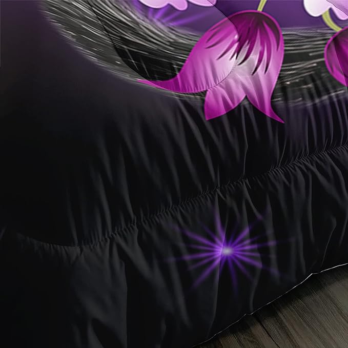 Black Cat Bedding Cartoon Cat Comforter Set Twin,Daisy Butterflies Printed Kids Bedding Set for Kids Boys Girls Adults Room Decor,Kids Comforter Set All Season,1 Quilt 2 Pillow Cases,Purple - LeafyLoom