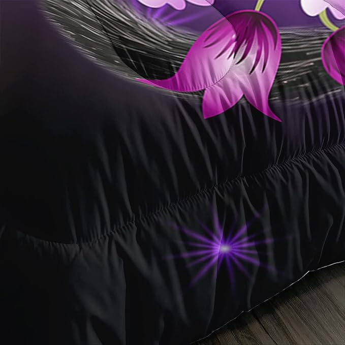 Black Cat Bedding Cartoon Cat Comforter Set Queen,Daisy Butterflies Printed Kids Bedding Set for Kids Boys Girls Adults Room Decor,Kids Comforter Set All Season,1 Quilt 2 Pillow Cases,Purple - LeafyLoom