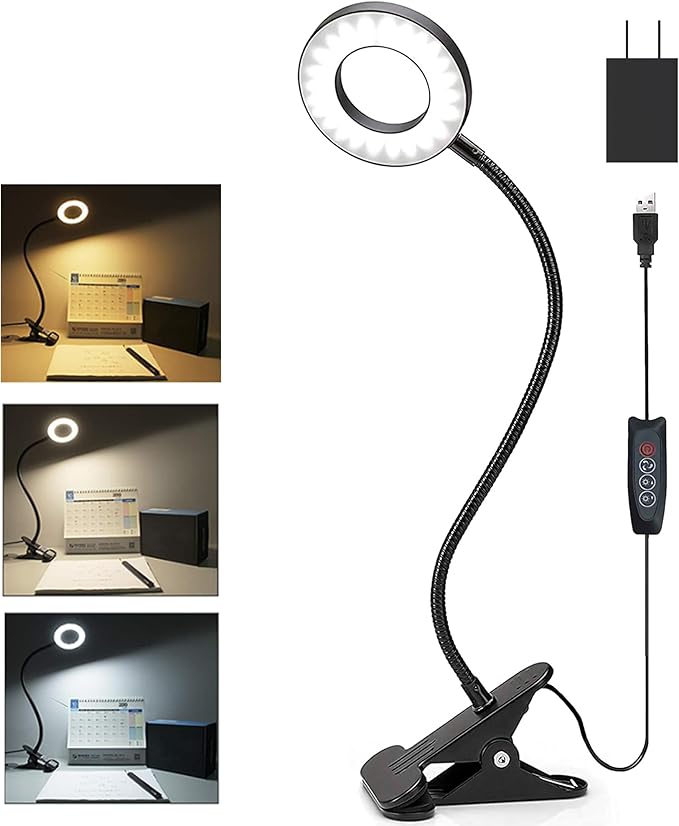 Lypumso Desk Lamp with Adapter, LED Reading Lamp Clip on Light, 3 Color Modes 10 Dimmable Brightness, Perfect Clamp Lamp for Home Office Studying Working Makeup Craft - LeafyLoom