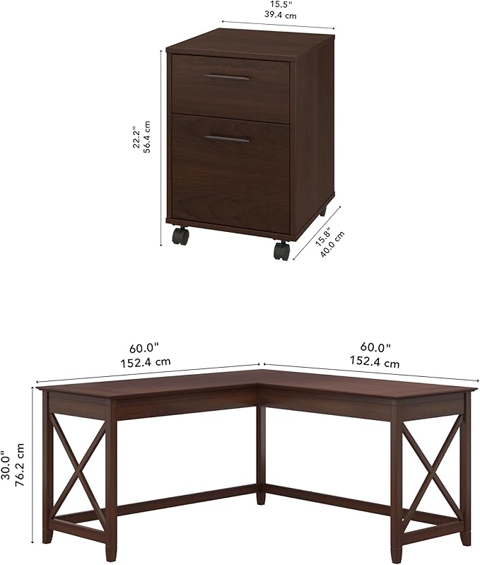 Bush Furniture Key West 60W L Shaped Desk with 2 Drawer Mobile File Cabinet in Bing Cherry - LeafyLoom