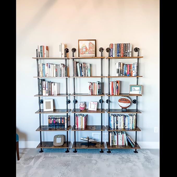 Industrial Pipe Shelving, 6-Tier Pipe Shelves Ladder Shelf, Modern Bookcase Wall Mount Bookshelf with Metal Frame, Book Shelves Wall Decor Wood Shelves for Home, Living Room, Office(23.6x9.8x78.8) - LeafyLoom