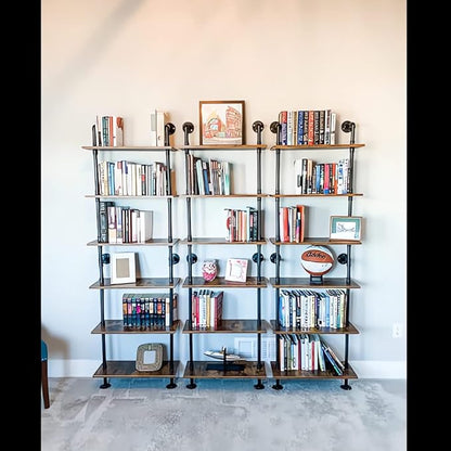 Industrial Pipe Shelving, 6-Tier Pipe Shelves Ladder Shelf, Modern Bookcase Wall Mount Bookshelf with Metal Frame, Book Shelves Wall Decor Wood Shelves for Home, Living Room, Office(23.6x9.8x78.8) - LeafyLoom