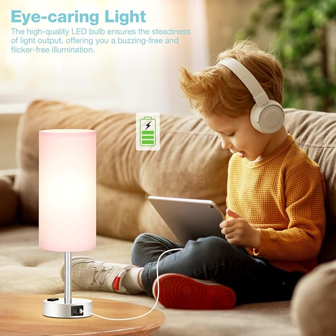 Pink Lamp for Bedroom Nightstand - 3 Way Dimmable Touch Table Lamp USB C Charging Ports, Small Lamp with AC Outlet for Desk Girls Room, LED Bulb Included - LeafyLoom