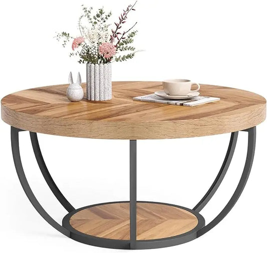 Round Coffee Table, 32" Circle Coffee Table for Living Room, 2-Tier Wood Accent Center Table with Open Storage Industrial Design Home Furniture (Wood Grain and Black) - LeafyLoom