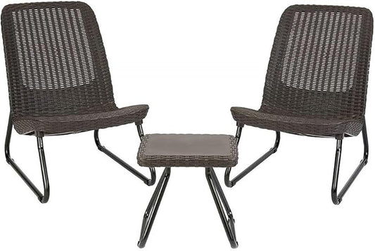 Keter Rio 3 Piece Resin Wicker Patio Furniture Set with Side Table and Outdoor Chairs, Brown - LeafyLoom