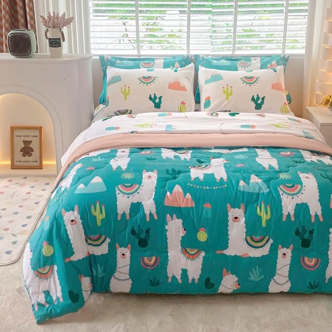 Wajade Kids Llama Comforter Set Bed in A Bag Twin Size 7 Piece Cute Alpaca Tropical Plant Cactus Bedding Set for Girls Boys (1 Comforter, 1 Flat Sheet, 1 Fitted Sheet, 2 Pillowcase and 2 Pillow Sham) - LeafyLoom