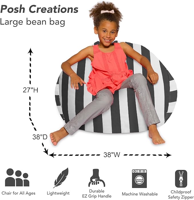 Posh Creations Bean Bag Chair for Kids, Teens, and Adults Includes Removable and Machine Washable Cover, Canvas Stripes Gray and White, 38in - Large - LeafyLoom