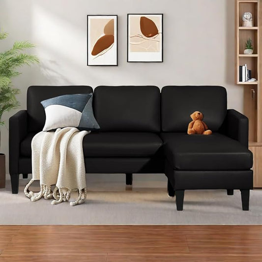 L-Shaped Sectional Modern Sofa - Leather Convertible Sofa Sleeper Sofa Bed Couch Set with Reversible Chaise, Lounge Sofa for Living Room Apartment Small Space (Leather Black) - LeafyLoom