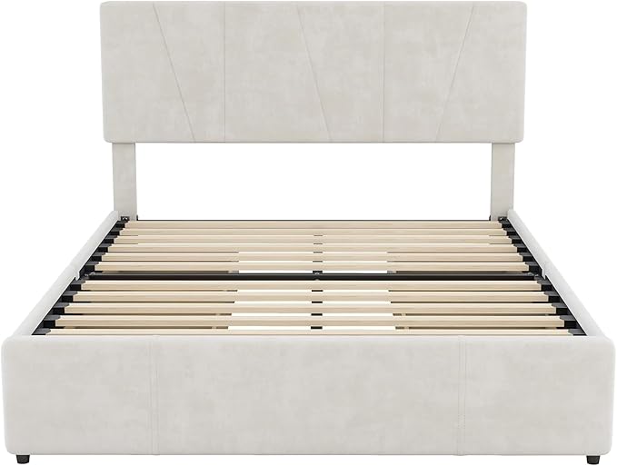 Full Size Upholstered Platform Bed Frame with 4 Storage Drawers and Adjustable Headboard, Wooden Slats Support, No Box Spring Needed, Beige - LeafyLoom