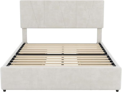 Full Size Upholstered Platform Bed Frame with 4 Storage Drawers and Adjustable Headboard, Wooden Slats Support, No Box Spring Needed, Beige - LeafyLoom