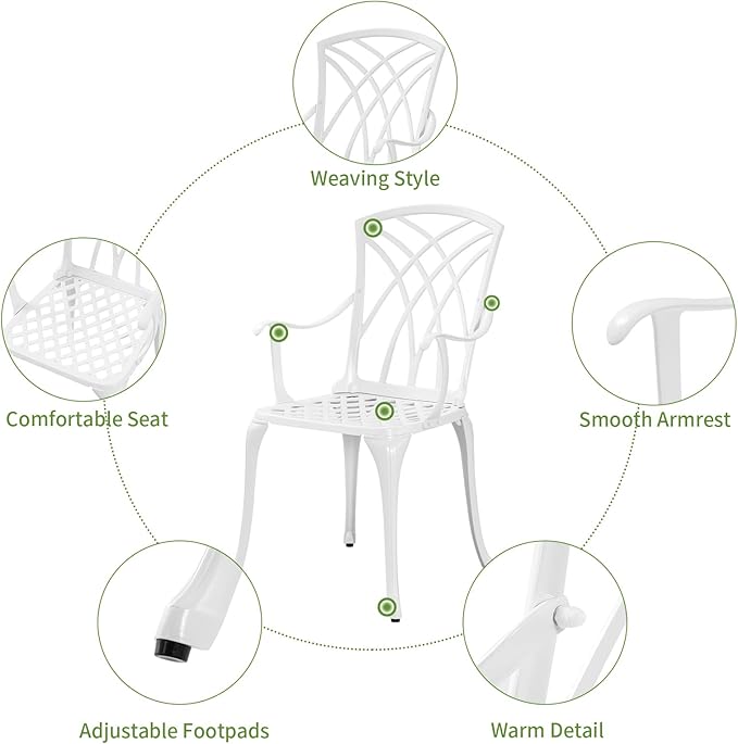 White Bistro Table and Chairs Set of 2, Cast Aluminum White Bistro Set Outdoor, Patio Bistro Sets with Umbrella Hole, Round Back Yard Set for Porch Balcony Garden - LeafyLoom